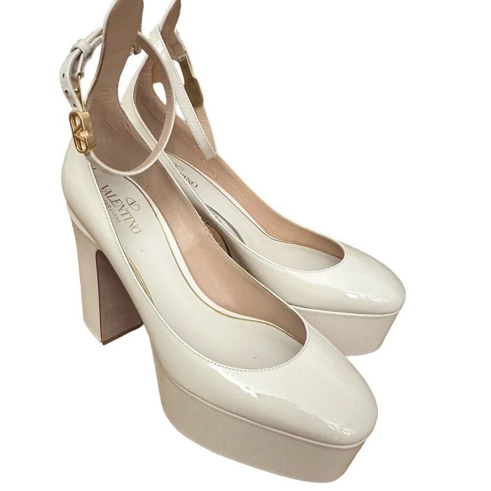Valentino Ivory Patent Leather Tan-Go Platform Ankle Strap Pump Size 37.5 - Picture 6 of 16